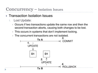 Concurrency –                  Isolation Issues
   Transaction Isolation Issues
    1.       Lost Update:
            Occurs if two transactions update the same row and then the
             second transaction aborts, causing both changes to be lost.
            This occurs in systems that don’t implement locking.
            The concurrent transactions are not isolated.
 