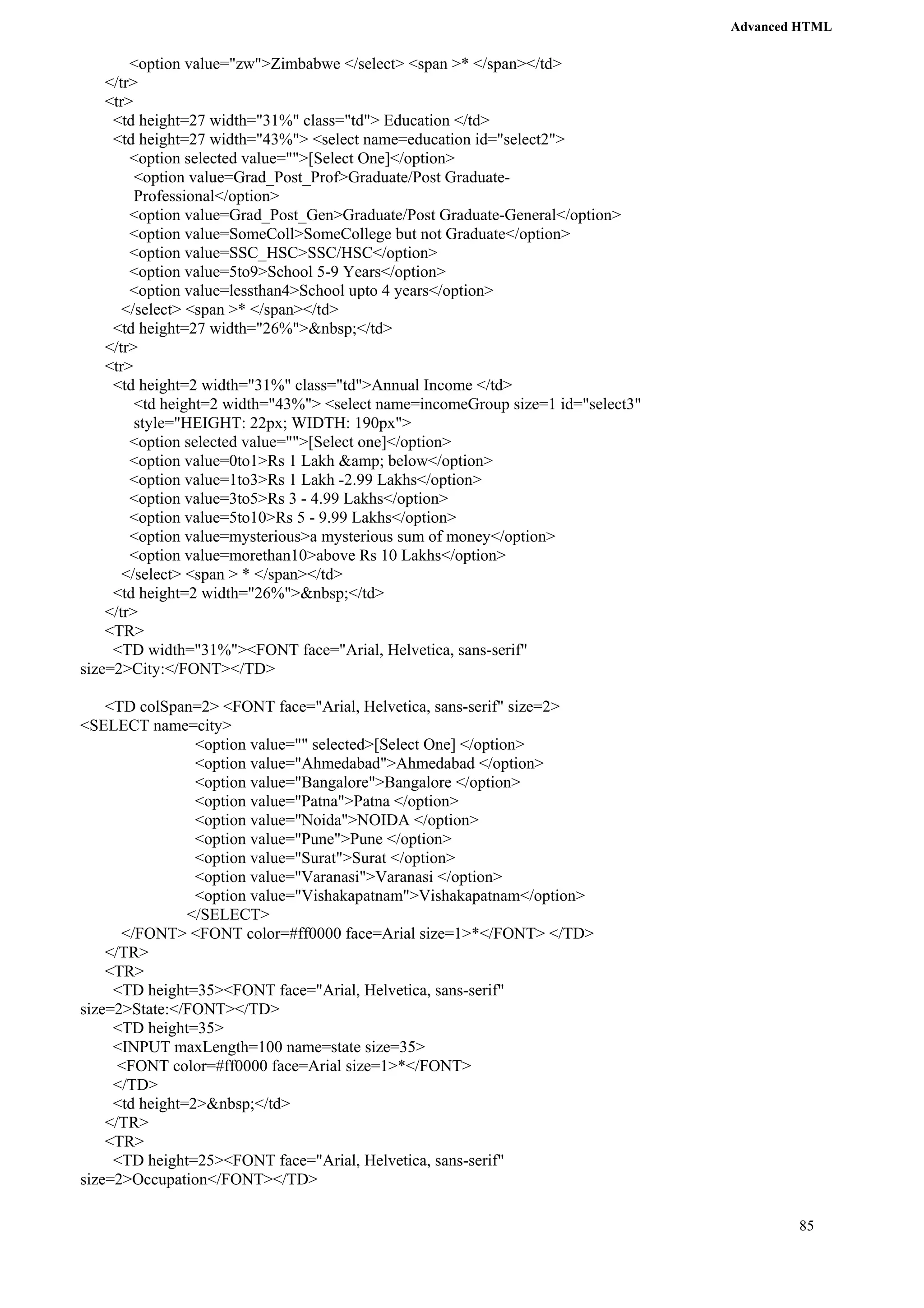 Advanced HTML 
85 
<option value="zw">Zimbabwe </select> <span >* </span></td> 
</tr> 
<tr> 
<td height=27 width="31%" class="td"> Education </td> 
<td height=27 width="43%"> <select name=education id="select2"> 
<option selected value="">[Select One]</option> 
<option value=Grad_Post_Prof>Graduate/Post Graduate- 
Professional</option> 
<option value=Grad_Post_Gen>Graduate/Post Graduate-General</option> 
<option value=SomeColl>SomeCollege but not Graduate</option> 
<option value=SSC_HSC>SSC/HSC</option> 
<option value=5to9>School 5-9 Years</option> 
<option value=lessthan4>School upto 4 years</option> 
</select> <span >* </span></td> 
<td height=27 width="26%">&nbsp;</td> 
</tr> 
<tr> 
<td height=2 width="31%" class="td">Annual Income </td> 
<td height=2 width="43%"> <select name=incomeGroup size=1 id="select3" 
style="HEIGHT: 22px; WIDTH: 190px"> 
<option selected value="">[Select one]</option> 
<option value=0to1>Rs 1 Lakh &amp; below</option> 
<option value=1to3>Rs 1 Lakh -2.99 Lakhs</option> 
<option value=3to5>Rs 3 - 4.99 Lakhs</option> 
<option value=5to10>Rs 5 - 9.99 Lakhs</option> 
<option value=mysterious>a mysterious sum of money</option> 
<option value=morethan10>above Rs 10 Lakhs</option> 
</select> <span > * </span></td> 
<td height=2 width="26%">&nbsp;</td> 
</tr> 
<TR> 
<TD width="31%"><FONT face="Arial, Helvetica, sans-serif" 
size=2>City:</FONT></TD> 
<TD colSpan=2> <FONT face="Arial, Helvetica, sans-serif" size=2> 
<SELECT name=city> 
<option value="" selected>[Select One] </option> 
<option value="Ahmedabad">Ahmedabad </option> 
<option value="Bangalore">Bangalore </option> 
<option value="Patna">Patna </option> 
<option value="Noida">NOIDA </option> 
<option value="Pune">Pune </option> 
<option value="Surat">Surat </option> 
<option value="Varanasi">Varanasi </option> 
<option value="Vishakapatnam">Vishakapatnam</option> 
</SELECT> 
</FONT> <FONT color=#ff0000 face=Arial size=1>*</FONT> </TD> 
</TR> 
<TR> 
<TD height=35><FONT face="Arial, Helvetica, sans-serif" 
size=2>State:</FONT></TD> 
<TD height=35> 
<INPUT maxLength=100 name=state size=35> 
<FONT color=#ff0000 face=Arial size=1>*</FONT> 
</TD> 
<td height=2>&nbsp;</td> 
</TR> 
<TR> 
<TD height=25><FONT face="Arial, Helvetica, sans-serif" 
size=2>Occupation</FONT></TD> 
 