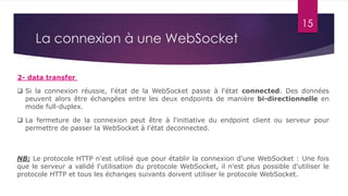 15
2- data transfer
 La fermeture de la connexion peut être à l'initiative du endpoint client ou serveur pour
permettre de passer la WebSocket à l'état deconnected.
 Si la connexion réussie, l'état de la WebSocket passe à l'état connected. Des données
peuvent alors être échangées entre les deux endpoints de manière bi-directionnelle en
mode full-duplex.
NB: Le protocole HTTP n'est utilisé que pour établir la connexion d'une WebSocket : Une fois
que le serveur a validé l'utilisation du protocole WebSocket, il n'est plus possible d'utiliser le
protocole HTTP et tous les échanges suivants doivent utiliser le protocole WebSocket.
La connexion à une WebSocket
 