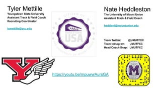 Tyler Mettille
Youngstown State University
Assistant Track & Field Coach
Recruiting Coordinator
tsmettille@ysu.edu
https://youtu.be/mpuwwAursGA
Nate Heddleston
The University of Mount Union
Assistant Track & Field Coach
heddlenl@mountunion.edu
Team Twitter: @UMUTFXC
Team Instagram: UMUTFXC
Head Coach Snap: UMUTFXC
 