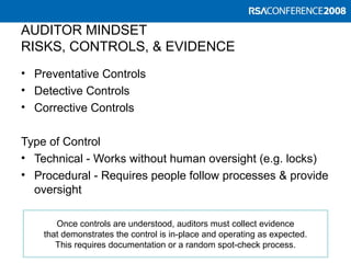 AUDITOR MINDSET
RISKS, CONTROLS, & EVIDENCE
• Preventative Controls
• Detective Controls
• Corrective Controls
Type of Control
• Technical - Works without human oversight (e.g. locks)
• Procedural - Requires people follow processes & provide
oversight
Once controls are understood, auditors must collect evidence
that demonstrates the control is in-place and operating as expected.
This requires documentation or a random spot-check process.
 