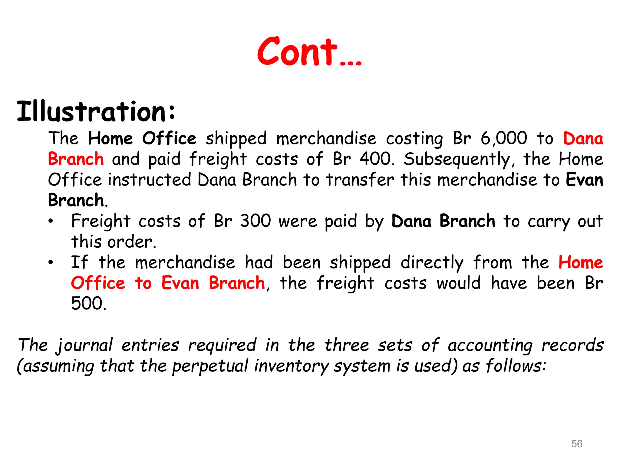Cont…
Illustration:
The Home Office shipped merchandise costing Br 6,000 to Dana
Branch and paid freight costs of Br 400. Subsequently, the Home
Office instructed Dana Branch to transfer this merchandise to Evan
Branch.
• Freight costs of Br 300 were paid by Dana Branch to carry out
this order.
• If the merchandise had been shipped directly from the Home
Office to Evan Branch, the freight costs would have been Br
500.
The journal entries required in the three sets of accounting records
(assuming that the perpetual inventory system is used) as follows:
56
 