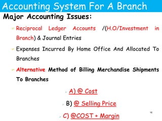 Accounting System For A Branch
Major Accounting Issues:
 Reciprocal Ledger Accounts /(H.O/Investment in
Branch) & Journal Entries
 Expenses Incurred By Home Office And Allocated To
Branches
 Alternative Method of Billing Merchandise Shipments
To Branches
 A) @ Cost
 B) @ Selling Price
 C) @COST + Margin
16
 