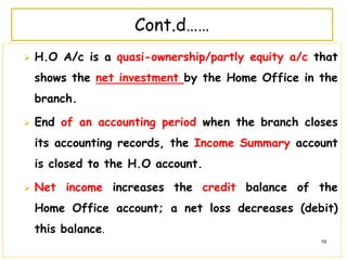  H.O A/c is a quasi-ownership/partly equity a/c that
shows the net investment by the Home Office in the
branch.
 End of an accounting period when the branch closes
its accounting records, the Income Summary account
is closed to the H.O account.
 Net income increases the credit balance of the
Home Office account; a net loss decreases (debit)
this balance.
19
Cont.d……
 