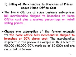 II) Billing of Merchandise to Branches at Prices
above Home Office Cost
 The Home Offices of some business enterprises
bill merchandise shipped to branches at Home
Office cost plus a markup percentage or retail
selling prices.
 Change one assumption of the former example
to: the home office bills merchandise shipped to
branches at 50% above cost. The merchandise
shipment in the previous example is thus billed at
90,000 (60,000+50% mark up of 30,000) and are
recorded as follows:
32
 