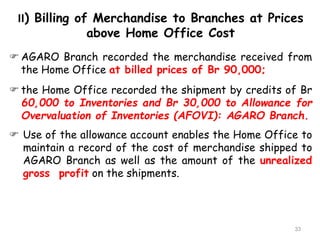 II) Billing of Merchandise to Branches at Prices
above Home Office Cost
33
 AGARO Branch recorded the merchandise received from
the Home Office at billed prices of Br 90,000;
 the Home Office recorded the shipment by credits of Br
60,000 to Inventories and Br 30,000 to Allowance for
Overvaluation of Inventories (AFOVI): AGARO Branch.
 Use of the allowance account enables the Home Office to
maintain a record of the cost of merchandise shipped to
AGARO Branch as well as the amount of the unrealized
gross profit on the shipments.
 