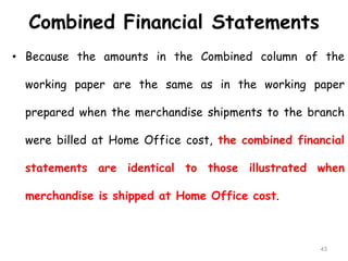 Combined Financial Statements
• Because the amounts in the Combined column of the
working paper are the same as in the working paper
prepared when the merchandise shipments to the branch
were billed at Home Office cost, the combined financial
statements are identical to those illustrated when
merchandise is shipped at Home Office cost.
43
 