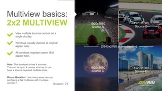 Multiview basics:
2x2 MULTIVIEW
View multiple sources across on a
single display
Windows usually desired at original
aspect ratio
All windows maintain same 16:9
aspect ratio.
1920x1080
Source A
1920x1080
Source B
1920x1080
Source C
1920x1080
Source D
(3840x2160 active display)
Note: This example shows 4 sources.
This can be up to 4 unique sources or can
have a source repeated multiple times.
Bonus Question: How many ways can you
configure a 2x2 multiview with 4 unique
sources? Answer: 24
 