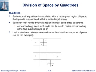 ©Silberschatz, Korth and Sudarshan
24.19
Database System Concepts - 7th
Edition
Division of Space by Quadtrees
Quadtrees
 Each node of a quadtree is associated with a rectangular region of space;
the top node is associated with the entire target space.
 Each non-leaf nodes divides its region into four equal sized quadrants
• correspondingly each such node has four child nodes corresponding
to the four quadrants and so on
 Leaf nodes have between zero and some fixed maximum number of points
(set to 1 in example).
 