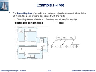 ©Silberschatz, Korth and Sudarshan
24.22
Database System Concepts - 7th
Edition
Example R-Tree
 The bounding box of a node is a minimum sized rectangle that contains
all the rectangles/polygons associated with the node
• Bounding boxes of children of a node are allowed to overlap
Rectangles being Indexed R-Tree
 