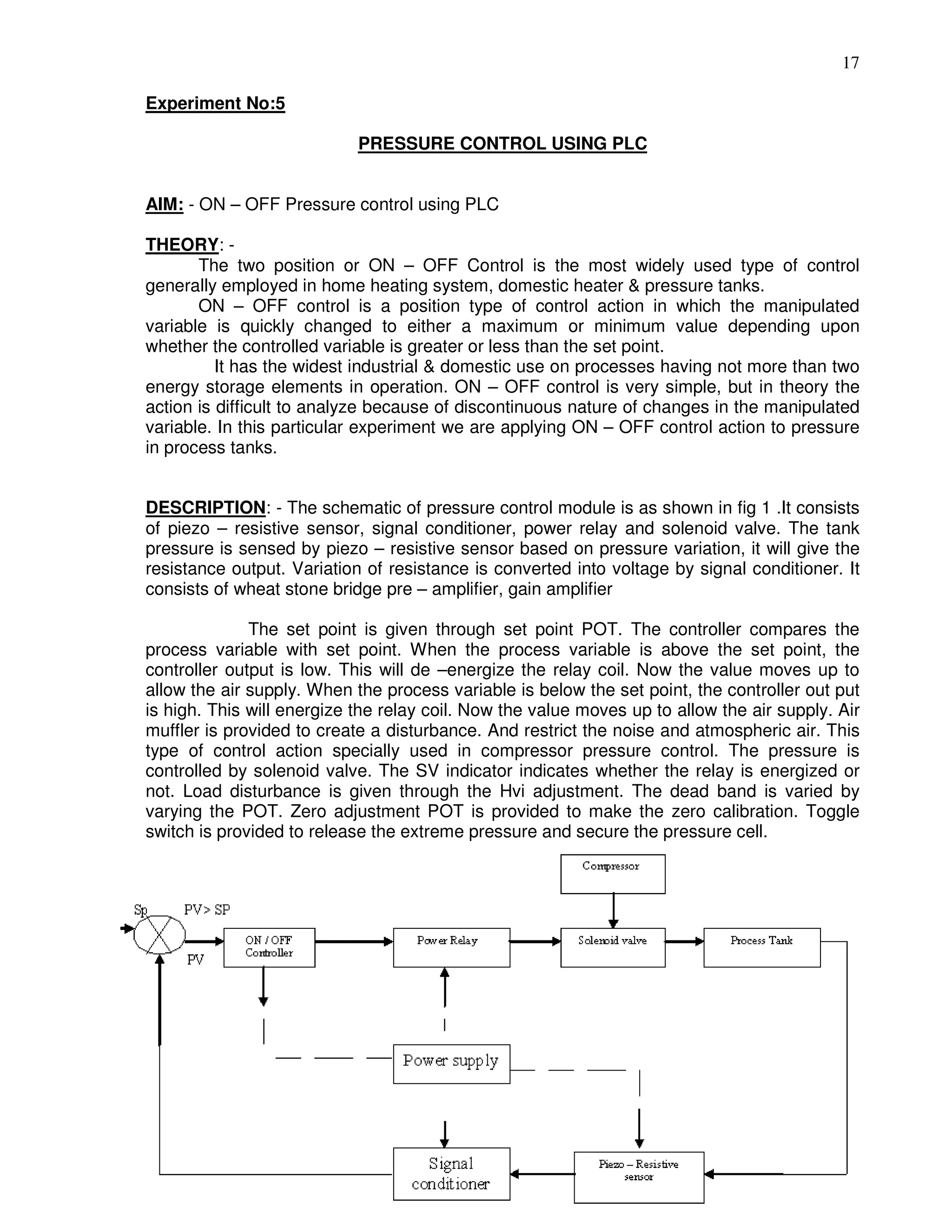 17
Experiment No:5
PRESSURE CONTROL USING PLC
AIM: - ON – OFF Pressure control using PLC
THEORY: -
The two position or ON – OFF Control is the most widely used type of control
generally employed in home heating system, domestic heater & pressure tanks.
ON – OFF control is a position type of control action in which the manipulated
variable is quickly changed to either a maximum or minimum value depending upon
whether the controlled variable is greater or less than the set point.
It has the widest industrial & domestic use on processes having not more than two
energy storage elements in operation. ON – OFF control is very simple, but in theory the
action is difficult to analyze because of discontinuous nature of changes in the manipulated
variable. In this particular experiment we are applying ON – OFF control action to pressure
in process tanks.
DESCRIPTION: - The schematic of pressure control module is as shown in fig 1 .It consists
of piezo – resistive sensor, signal conditioner, power relay and solenoid valve. The tank
pressure is sensed by piezo – resistive sensor based on pressure variation, it will give the
resistance output. Variation of resistance is converted into voltage by signal conditioner. It
consists of wheat stone bridge pre – amplifier, gain amplifier
The set point is given through set point POT. The controller compares the
process variable with set point. When the process variable is above the set point, the
controller output is low. This will de –energize the relay coil. Now the value moves up to
allow the air supply. When the process variable is below the set point, the controller out put
is high. This will energize the relay coil. Now the value moves up to allow the air supply. Air
muffler is provided to create a disturbance. And restrict the noise and atmospheric air. This
type of control action specially used in compressor pressure control. The pressure is
controlled by solenoid valve. The SV indicator indicates whether the relay is energized or
not. Load disturbance is given through the Hvi adjustment. The dead band is varied by
varying the POT. Zero adjustment POT is provided to make the zero calibration. Toggle
switch is provided to release the extreme pressure and secure the pressure cell.
 