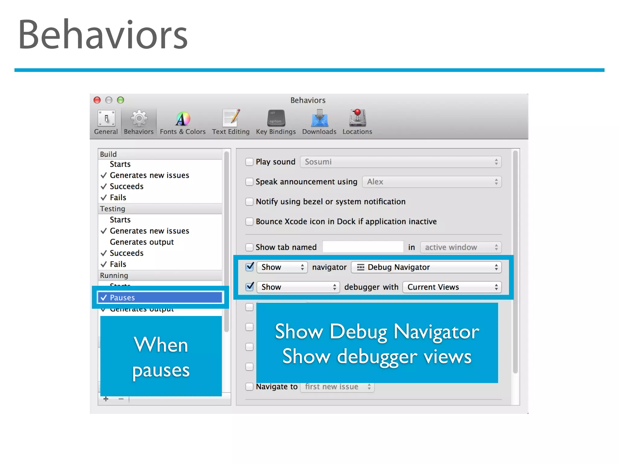 Behaviors
When
pauses
Show Debug Navigator
Show debugger views
 