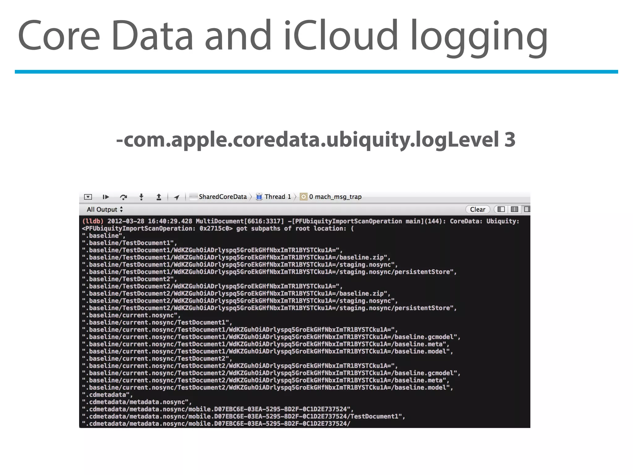 Core Data and iCloud logging
-com.apple.coredata.ubiquity.logLevel 3
 