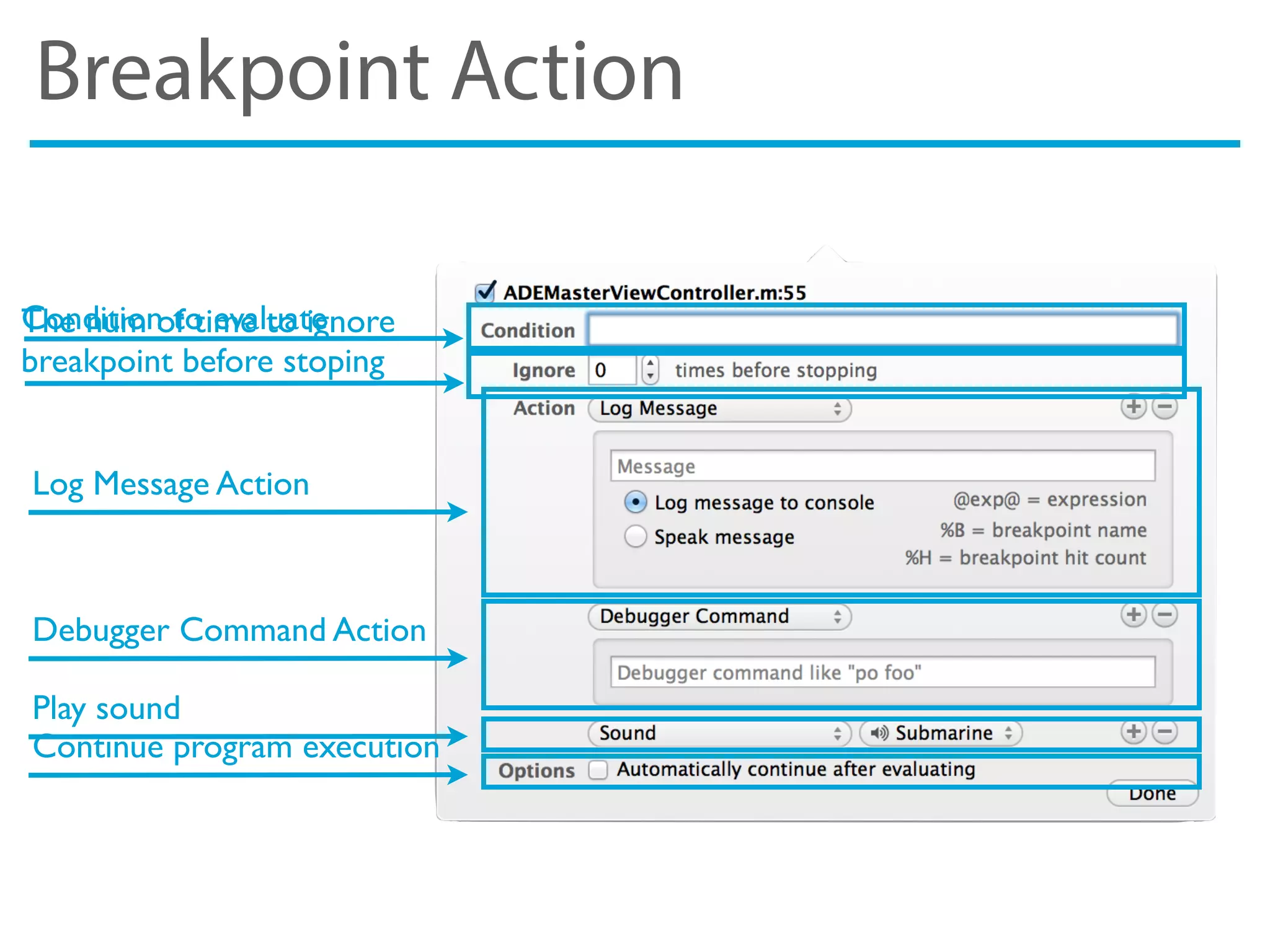 Breakpoint Action
Condition to evaluateThe num of time to ignore
breakpoint before stoping
Log Message Action
Debugger Command Action
Play sound
Continue program execution
 