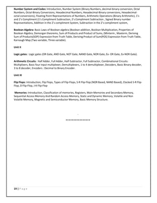 19 | P a g e
Number System and Codes: Introduction, Number System (Binary Numbers, decimal-binary conversion, Octal
Numbers, Octal-Binary Conversions, Hexadecimal Numbers, Hexadecimal-Binary conversions, Hexadecimal-
octal conversions), Floating Point Representations of Numbers, Arithmetic Operations (Binary Arithmetic), 1’s
and 2’s Compliment (1’s Compliment Subtraction, 2’s Compliment Subtraction , Signed Binary number
Representations, Addition in the 2’s compliment System, Subtraction in the 2’s compliment system,
Boolean Algebra: Basic Laws of Boolean algebra (Boolean addition, Boolean Multiplication, Properties of
Boolean Algebra, Demorgan theorems, Sum of Products and Product of Sums, (Minterm , Maxterm, Deriving
Sum of Products(SOP) Expression from Truth Table, Deriving Product of Sum(POS) Expression from Truth Table,
Karnaugh Map (Two variable, Three variable).
Unit II
Logic gates: Logic gates (OR Gate, AND Gate, NOT Gate, NAND Gate, NOR Gate, Ex- OR Gate, Ex-NOR Gate).
Arithmetic Circuits: Half Adder, Full Adder, Half-Subtractor, Full Subtractor, Combinational Circuits:
Multiplixers, Basic four input multiplexer, Demultiplexers, 1 to 4 demultiplexer, Decoders, Basic Binary decoder,
3 to 8 decoder, Encoders : Decimal to Binary Encoder.
Unit III
Flip Flops: Introduction, Flip Flops, Types of Flip-Flops, S-R Flip-Flop (NOR Based, NAND Based), Clocked S-R Flip-
Flop, D Flip-Flop, J-K Flip-Flop
Memories: Introduction, Classification of memories, Registers, Main Memories and Secondary Memory,
Sequential Access Memory And Random Access Memory, Static and Dynamic Memory, Volatile and Non
Volatile Memory, Magnetic and Semiconductor Memory, Basic Memory Structure.
.
****************
 
