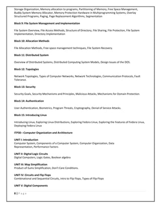 8 | P a g e
Storage Organization, Memory allocation to programs, Partitioning of Memory, Free Space Management,
Buddy System Memory Allocator, Memory Protection Hardware in Multiprogramming Systems, Overlay
Structured Programs, Paging, Page Replacement Algorithms, Segmentation
Block 9: File System Management and Implementation
File System Overview, File Access Methods, Structure of Directory, File Sharing, File Protection, File System
Implementation, Directory Implementation
Block 10: Allocation Methods
File Allocation Methods, Free space management techniques, File System Recovery.
Block 11: Distributed System
Overview of Distributed Systems, Distributed Computing System Models, Design Issues of the DOS.
Block 12: Topologies
Network Topologies, Types of Computer Networks, Network Technologies, Communication Protocols, Fault
Tolerance.
Block 13: Security
Security Goals, Security Mechanisms and Principles, Malicious Attacks, Mechanisms for Domain Protection.
Block 14: Authentication
User Authentication, Biometrics, Program Threats, Cryptography, Denial of Service Attacks.
Block 15: Introducing Linux
Introducing Linux, Exploring Linux Distributions, Exploring Fedora Linux, Exploring the Features of Fedora Linux,
Deploying Fedora Linux
ITP30---Computer Organization and Architecture
UNIT I: Introduction
Computer System, Components of a Computer System, Computer Organization, Data
Representation, Performance Factors
UNIT II: Digital Logic Circuits
Digital Computers, Logic Gates, Boolean algebra
UNIT III: Map Simplification
Product-of-Sums Simplification, Don’t Care Conditions.
UNIT IV: Circuits and Flip Flops
Combinational and Sequential Circuits, intro to Flip Flops, Types of Flip Flops
UNIT V: Digital Components
 