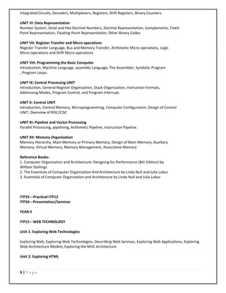 9 | P a g e
Integrated Circuits, Decoders, Multiplexers, Registers, Shift Registers, Binary Counters.
UNIT VI: Data Representation
Number System, Octal and Hex Decimal Numbers, Decimal Representation, Complements, Fixed-
Point Representation, Floating-Point Representation, Other Binary Codes
UNIT VII: Register Transfer and Micro operations
Register Transfer Language, Bus and Memory Transfer, Arithmetic Micro operations, Logic
Micro operations and Shift Micro operations
UNIT VIII: Programming the Basic Computer
Introduction, Machine Language, assembly Language, The Assembler, Symbolic Program
, Program Loops.
UNIT IX: Central Processing UNIT
Introduction, General Register Organization, Stack Organization, Instruction Formats,
Addressing Modes, Program Control, and Program Interrupt.
UNIT X: Control UNIT
Introduction, Control Memory, Microprogramming, Computer Configuration, Design of Control
UNIT, Overview of RISC/CISC
UNIT XI: Pipeline and Vector Processing
Parallel Processing, pipelining, Arithmetic Pipeline, Instruction Pipeline.
UNIT XII: Memory Organization
Memory Hierarchy, Main Memory or Primary Memory, Design of Main Memory, Auxiliary
Memory, Virtual Memory, Memory Management, Associative Memory
Reference Books:
1. Computer Organization and Architecture: Designing for Performance (8th Edition) by
William Stallings
2. The Essentials of Computer Organization And Architecture by Linda Null and Julia Lobur
3. Essentials of Computer Organization and Architecture by Linda Null and Julia Lobur
ITP33---Practical-ITP12
ITP34---Presentation/Seminar
YEAR II
ITP15---WEB TECHNOLOGY
Unit 1: Exploring Web Technologies
Exploring Web, Exploring Web Technologies, Describing Web Services, Exploring Web Applications, Exploring
Web Architecture Models, Exploring the MVC Architecture
Unit 2: Exploring HTML
 