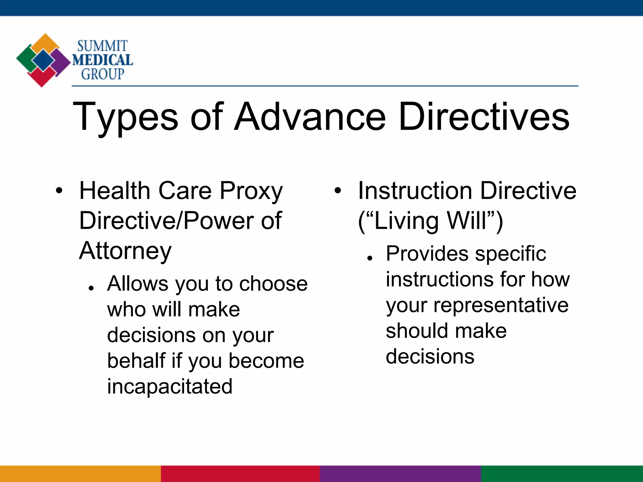 Types of Advance Directives
• Health Care Proxy
Directive/Power of
Attorney
 Allows you to choose
who will make
decisions on your
behalf if you become
incapacitated
• Instruction Directive
(“Living Will”)
 Provides specific
instructions for how
your representative
should make
decisions
 