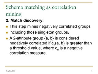 Schema matching as correlation
mining
2. Match discovery:
 This step mines negatively correlated groups
 including those singleton groups.
 A 2-attribute group {a, b} is considered
negatively correlated if cn(a, b) is greater than
a threshold value, where cn is a negative
correlation measure.
Bing Liu, UIC 31
 