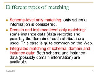 Bing Liu, UIC 7
Different types of matching
 Schema-level only matching: only schema
information is considered.
 Domain and instance-level only matching:
some instance data (data records) and
possibly the domain of each attribute are
used. This case is quite common on the Web.
 Integrated matching of schema, domain and
instance data: Both schema and instance
data (possibly domain information) are
available.
 