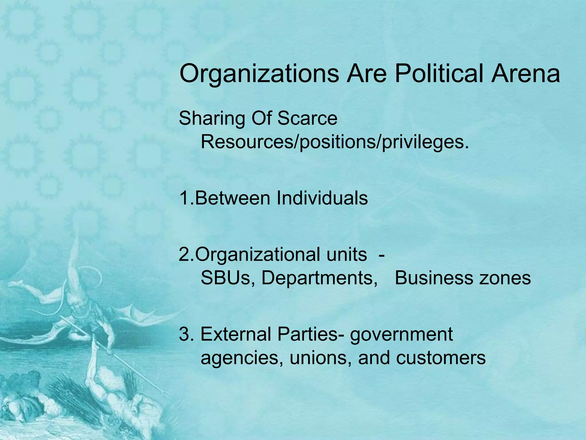 Organizations Are Political Arena
Sharing Of Scarce
  Resources/positions/privileges.

1.Between Individuals

2.Organizational units -
  SBUs, Departments, Business zones

3. External Parties- government
   agencies, unions, and customers
 