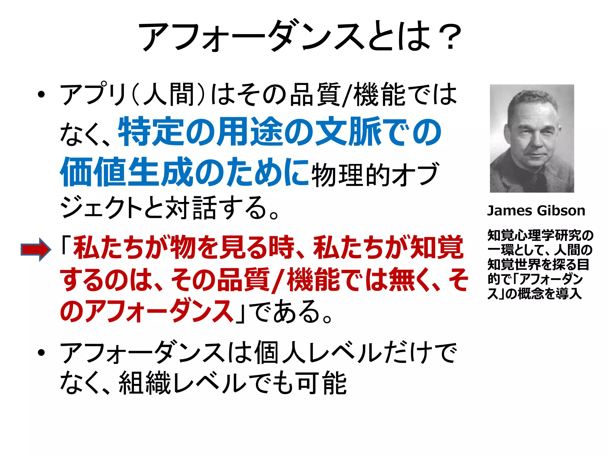 アフォーダンスとは？
• アプリ（人間）はその品質/機能では
なく、特定の用途の文脈での
価値生成のために物理的オブ
ジェクトと対話する。
• 「私たちが物を見る時、私たちが知覚
するのは、その品質/機能では無く、そ
のアフォーダンス」である。
• アフォーダンスは個人レベルだけで
なく、組織レベルでも可能
知覚心理学研究の
一環として、人間の
知覚世界を探る目
的で「アフォーダン
ス」の概念を導入
James Gibson
 