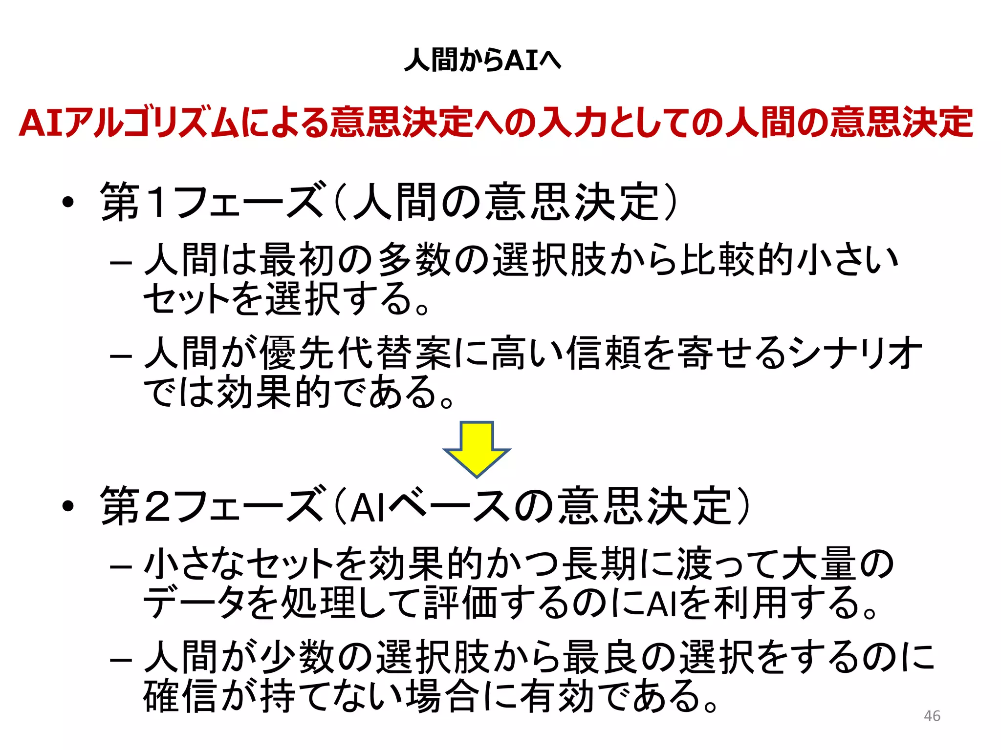 46
AIアルゴリズムによる意思決定への入力としての人間の意思決定
• 第１フェーズ（人間の意思決定）
– 人間は最初の多数の選択肢から比較的小さい
セットを選択する。
– 人間が優先代替案に高い信頼を寄せるシナリオ
では効果的である。
• 第２フェーズ（AIベースの意思決定）
– 小さなセットを効果的かつ長期に渡って大量の
データを処理して評価するのにAIを利用する。
– 人間が少数の選択肢から最良の選択をするのに
確信が持てない場合に有効である。
人間からAIへ
 