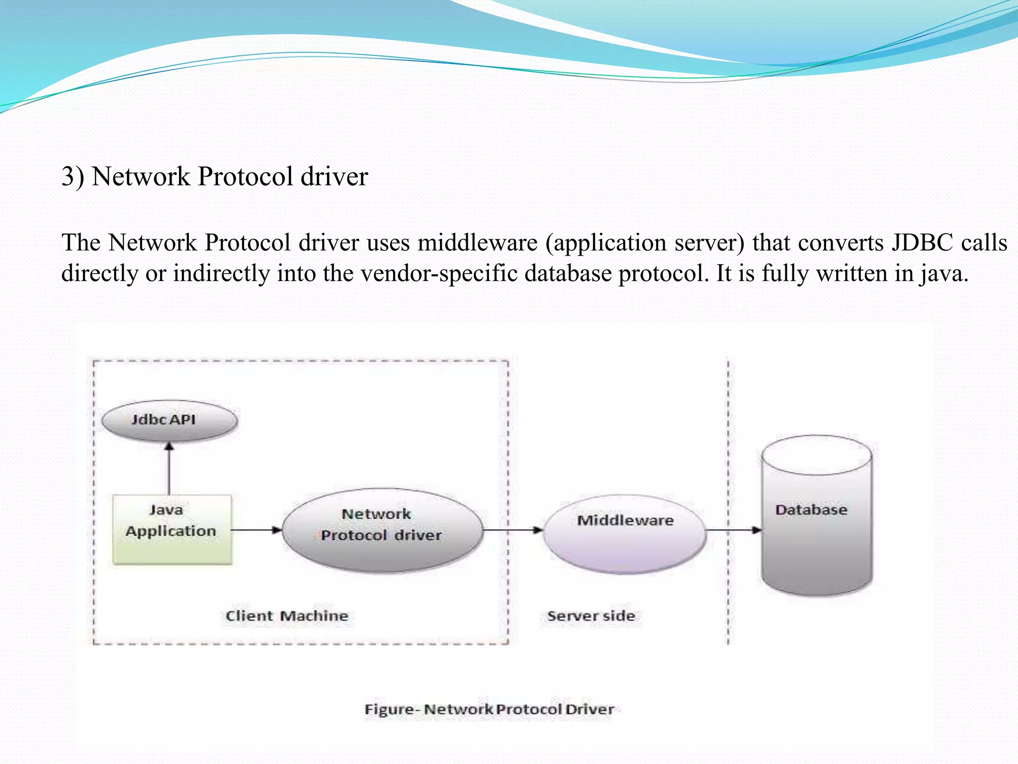 3) Network Protocol driver The Network Protocol driver uses middleware (application server) that converts JDBC calls directly or indirectly into the vendor-specific database protocol. It is fully written in java. 