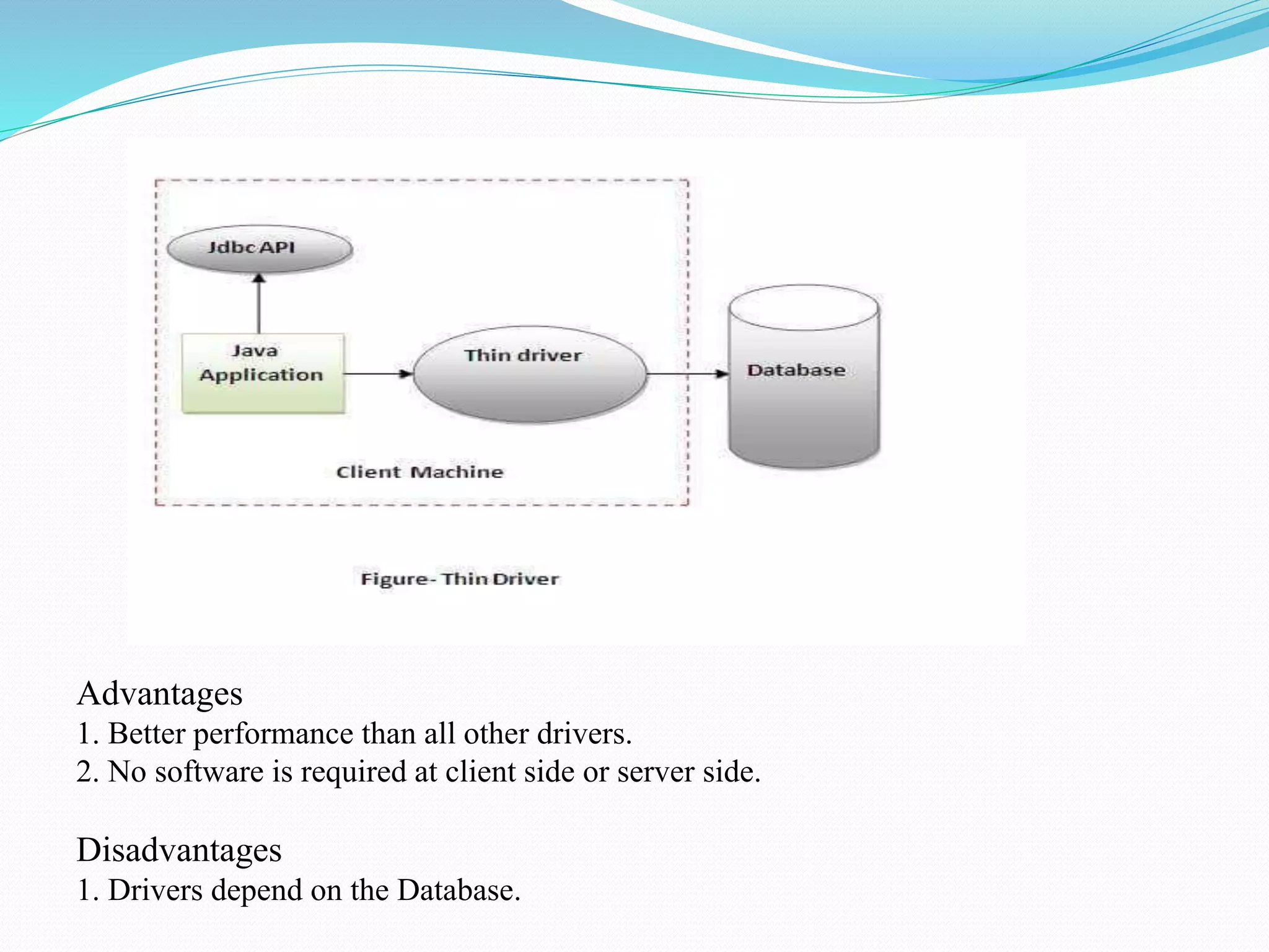 Advantages 1. Better performance than all other drivers. 2. No software is required at client side or server side. Disadvantages 1. Drivers depend on the Database. 