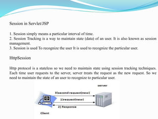 Session in Servlet/JSP
1. Session simply means a particular interval of time.
2. Session Tracking is a way to maintain state (data) of an user. It is also known as session
management.
3. Session is used To recognize the user It is used to recognize the particular user.
HttpSession
Http protocol is a stateless so we need to maintain state using session tracking techniques.
Each time user requests to the server, server treats the request as the new request. So we
need to maintain the state of an user to recognize to particular user.
 