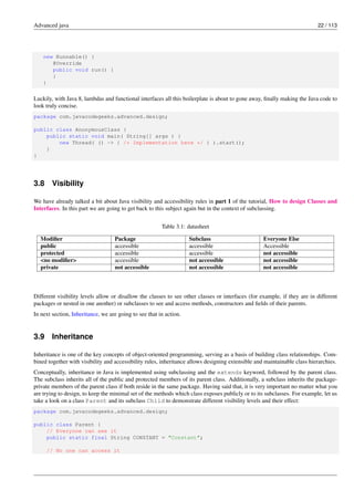 Advanced java 22 / 113
new Runnable() {
@Override
public void run() {
}
}
Luckily, with Java 8, lambdas and functional interfaces all this boilerplate is about to gone away, finally making the Java code to
look truly concise.
package com.javacodegeeks.advanced.design;
public class AnonymousClass {
public static void main( String[] args ) {
new Thread( () -> { /* Implementation here */ } ).start();
}
}
3.8 Visibility
We have already talked a bit about Java visibility and accessibility rules in part 1 of the tutorial, How to design Classes and
Interfaces. In this part we are going to get back to this subject again but in the context of subclassing.
Table 3.1: datasheet
Modifier Package Subclass Everyone Else
public accessible accessible Accessible
protected accessible accessible not accessible
<no modifier> accessible not accessible not accessible
private not accessible not accessible not accessible
Different visibility levels allow or disallow the classes to see other classes or interfaces (for example, if they are in different
packages or nested in one another) or subclasses to see and access methods, constructors and fields of their parents.
In next section, Inheritance, we are going to see that in action.
3.9 Inheritance
Inheritance is one of the key concepts of object-oriented programming, serving as a basis of building class relationships. Com-
bined together with visibility and accessibility rules, inheritance allows designing extensible and maintainable class hierarchies.
Conceptually, inheritance in Java is implemented using subclassing and the extends keyword, followed by the parent class.
The subclass inherits all of the public and protected members of its parent class. Additionally, a subclass inherits the package-
private members of the parent class if both reside in the same package. Having said that, it is very important no matter what you
are trying to design, to keep the minimal set of the methods which class exposes publicly or to its subclasses. For example, let us
take a look on a class Parent and its subclass Child to demonstrate different visibility levels and their effect:
package com.javacodegeeks.advanced.design;
public class Parent {
// Everyone can see it
public static final String CONSTANT = "Constant";
// No one can access it
 