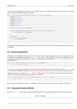 Advanced java 39 / 113
The way we have implemented the interface is a bit verbose, however it is certainly possible to make it better by combining
instance fields and interfaces together. For example:
public enum DaysOfTheWeekFieldsInterfaces implements DayOfWeek {
MONDAY( false ),
TUESDAY( false ),
WEDNESDAY( false ),
THURSDAY( false ),
FRIDAY( false ),
SATURDAY( true ),
SUNDAY( true );
private final boolean isWeekend;
private DaysOfTheWeekFieldsInterfaces( final boolean isWeekend ) {
this.isWeekend = isWeekend;
}
@Override
public boolean isWeekend() {
return isWeekend;
}
}
By supporting instance fields and interfaces, enums can be used in a more object-oriented way, bringing some level of abstraction
to rely upon.
5.5 Enums and generics
Although it is not visible from a first glance, there is a relation between enums and generics in Java. Every single enum in Java
is automatically inherited from the generic Enum< T > class, where T is the enum type itself. The Java compiler does this
transformation on behalf of the developer at compile time, expanding enum declaration public enum DaysOfTheWeek to
something like this:
public class DaysOfTheWeek extends Enum< DaysOfTheWeek > {
// Other declarations here
}
It also explains why enums can implement interfaces but cannot extend other classes: they implicitly extend Enum< T > and
as we know from the part 2 of the tutorial, Using methods common to all objects, Java does not support multiple inheritance.
The fact that every enum extends Enum< T > allows to define generic classes, interfaces and methods which expect the in-
stances of enum types as arguments or type parameters. For example:
public< T extends Enum < ? > > void performAction( final T instance ) {
// Perform some action here
}
In the method declaration above, the type T is constrained to be the instance of any enum and Java compiler will verify that.
5.6 Convenient Enums methods
The base Enum< T > class provides a couple of helpful methods which are automatically inherited by every enum instance.
Table 5.1: datasheet
 