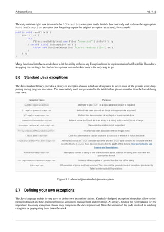 Advanced java 65 / 113
The only solution right now is to catch the IOException exception inside lambda function body and re-throw the appropriate
RuntimeException exception (not forgetting to pass the original exception as a cause), for example:
public void readFile() {
run( () -> {
try {
Files.readAllBytes( new File( "some.txt" ).toPath() );
} catch( final IOException ex ) {
throw new RuntimeException( "Error reading file", ex );
}
} );
}
Many functional interfaces are declared with the ability to throw any Exception from its implementation but if not (like Runnable),
wrapping (or catching) the checked exceptions into unchecked ones is the only way to go.
8.6 Standard Java exceptions
The Java standard library provides a plenty on exception classes which are designated to cover most of the generic errors hap-
pening during program execution. The most widely used are presented in the table below, please consider those before defining
your own.
Figure 8.1: advanced-java-standard-java-exceptions
8.7 Defining your own exceptions
The Java language makes it very easy to define own exception classes. Carefully designed exception hierarchies allow to im-
plement detailed and fine-grained erroneous conditions management and reporting. As always, finding the right balance is very
important: too many exception classes may complicate the development and blow the amount of the code involved in catching
exception or propagating them down the stack.
 