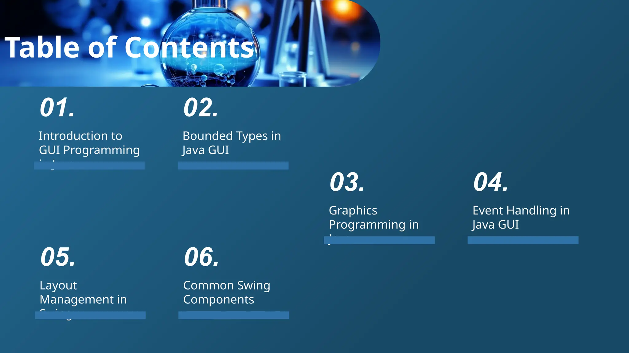 Table of Contents
Graphics
Programming in
Java
03.
Introduction to
GUI Programming
in Java
01.
Bounded Types in
Java GUI
02.
Event Handling in
Java GUI
04.
Layout
Management in
Swing
05.
Common Swing
Components
06.
 