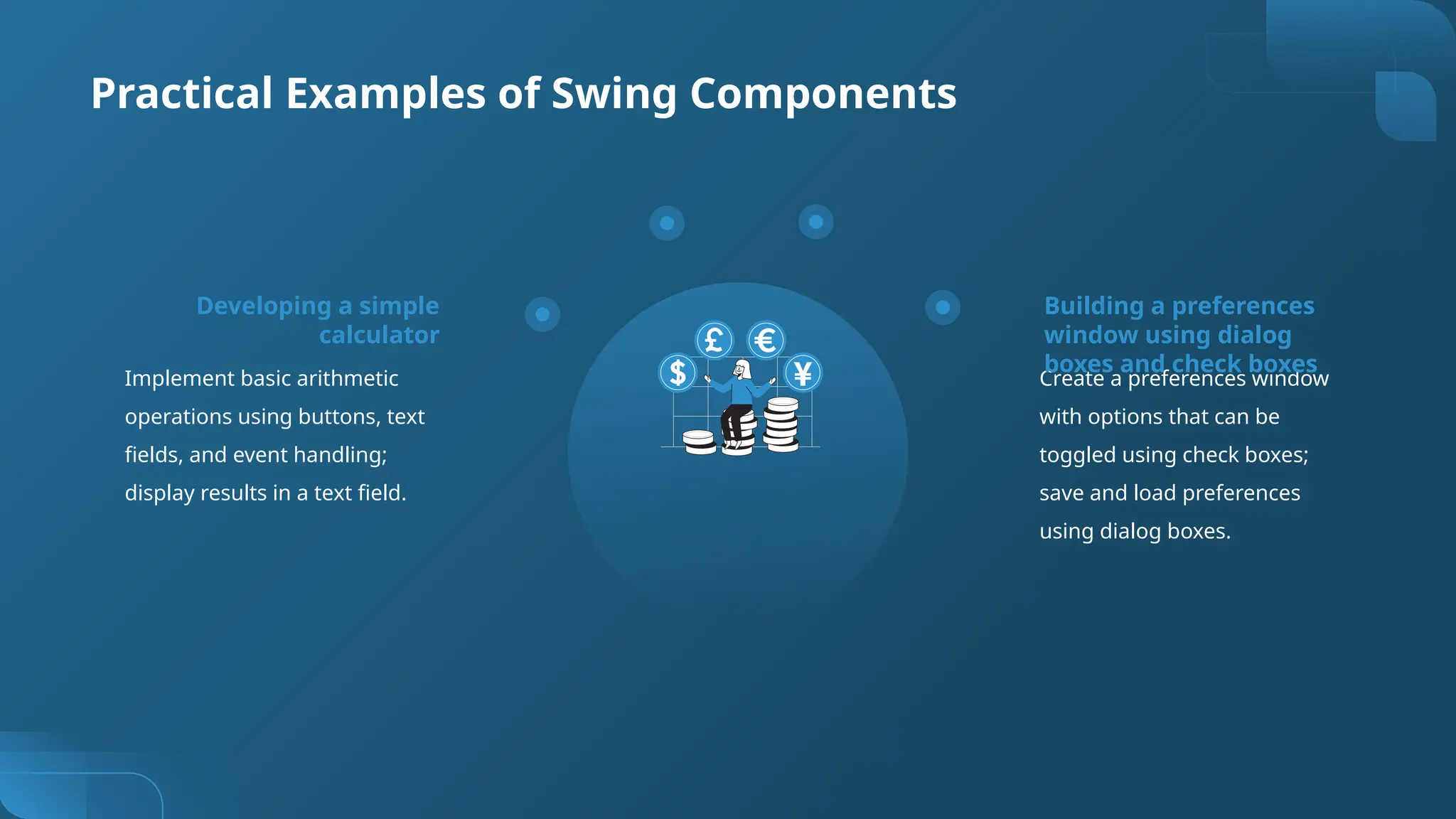 Practical Examples of Swing Components
Implement basic arithmetic
operations using buttons, text
fields, and event handling;
display results in a text field.
Create a preferences window
with options that can be
toggled using check boxes;
save and load preferences
using dialog boxes.
Developing a simple
calculator
Building a preferences
window using dialog
boxes and check boxes
 