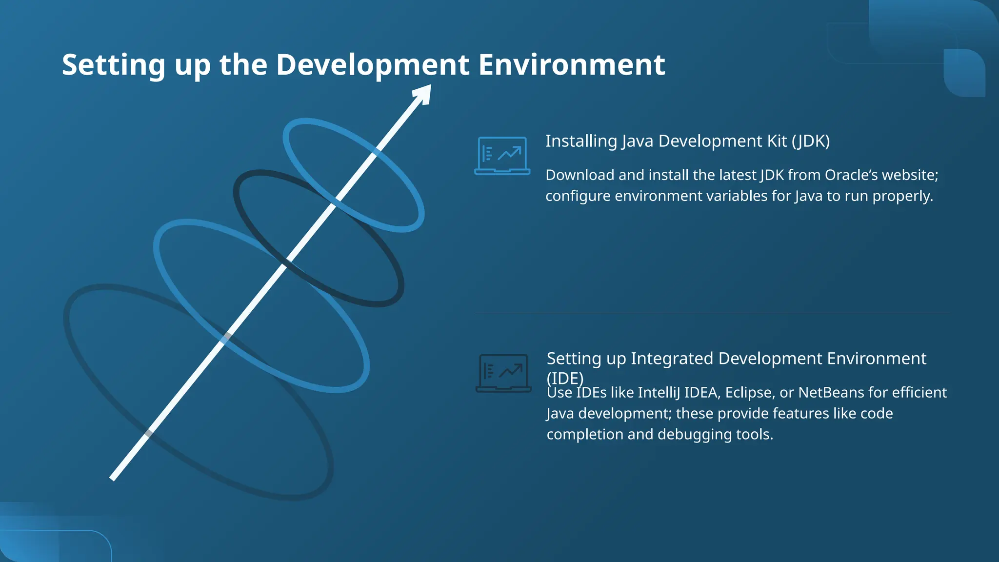 Setting up the Development Environment
Use IDEs like IntelliJ IDEA, Eclipse, or NetBeans for efficient
Java development; these provide features like code
completion and debugging tools.
Setting up Integrated Development Environment
(IDE)
Download and install the latest JDK from Oracle’s website;
configure environment variables for Java to run properly.
Installing Java Development Kit (JDK)
 