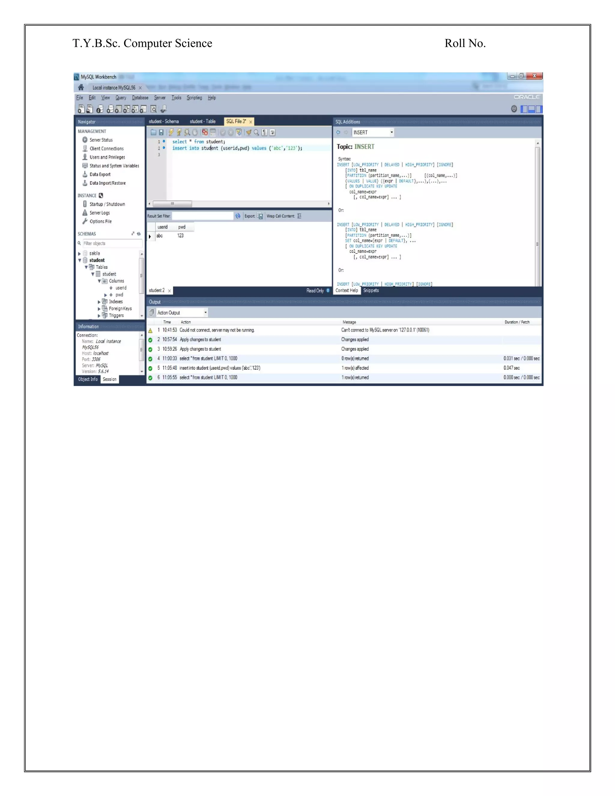 T.Y.B.Sc. Computer Science Roll No.
 