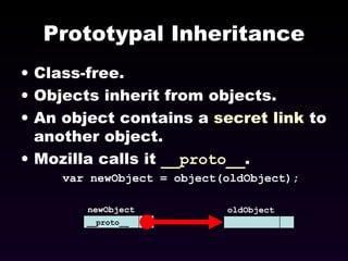 Prototypal Inheritance Class-free. Objects inherit from objects. An object contains a  secret link  to another object. Mozilla calls it  __proto__ . var newObject = object(oldObject); newObject oldObject __proto__ 