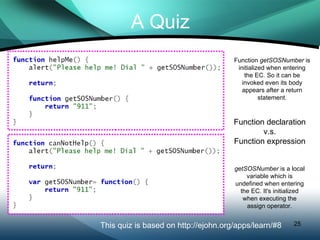 A Quiz This quiz is based on http://ejohn.org/apps/learn/#8 Function  getSOSNumber  is initialized when entering the EC. So it can be invoked even its body appears after a return statement. getSOSNumber  is a local variable which is undefined when entering the EC. It's initialized when executing the assign operator. Function declaration v.s. Function expression 