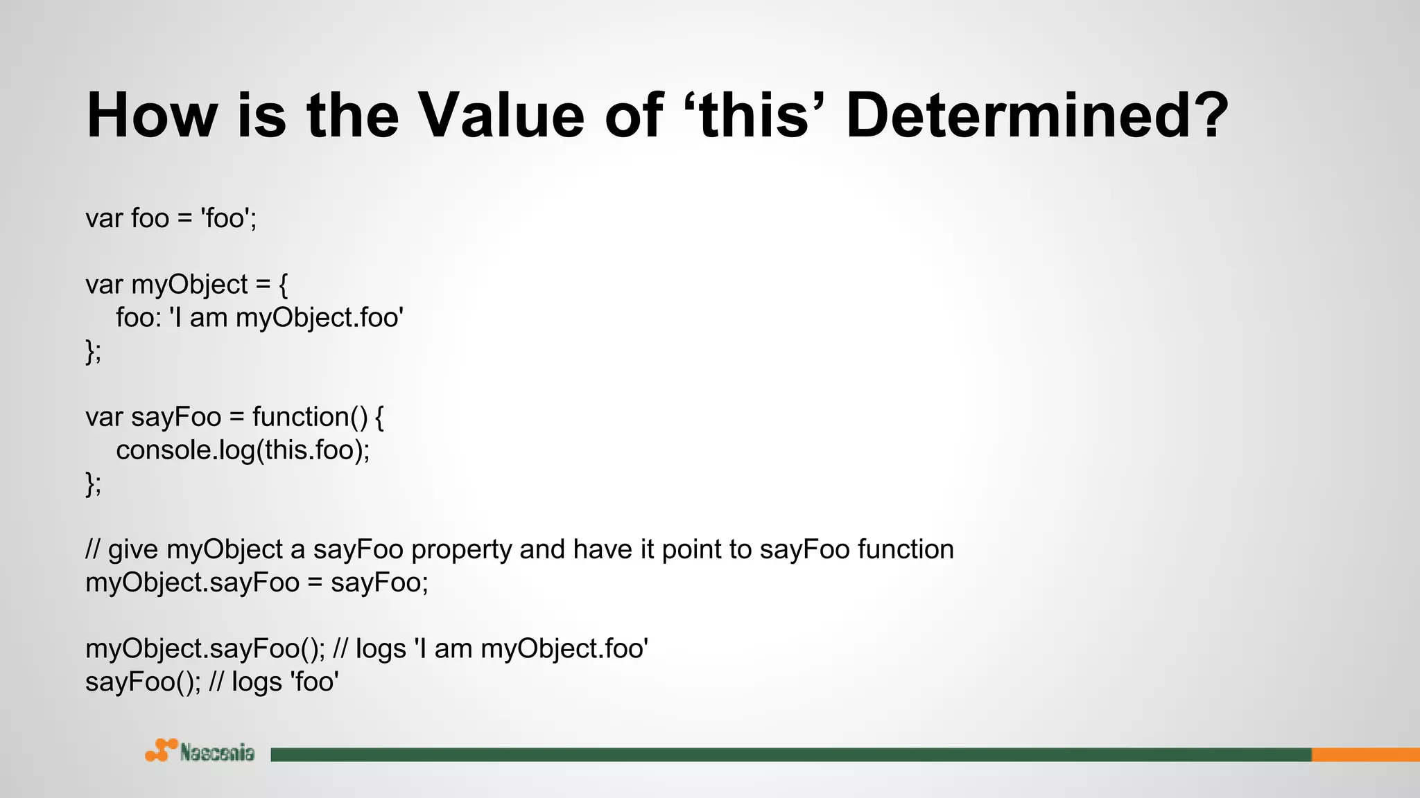 var foo = 'foo';
var myObject = {
foo: 'I am myObject.foo'
};
var sayFoo = function() {
console.log(this.foo);
};
// give myObject a sayFoo property and have it point to sayFoo function
myObject.sayFoo = sayFoo;
myObject.sayFoo(); // logs 'I am myObject.foo'
sayFoo(); // logs 'foo'
How is the Value of ‘this’ Determined?
 