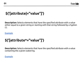 01



 $('[attribute|="value"]')

Description: Selects elements that have the specified attribute with a value
either equal to a given string or starting with that string followed by a hyphen
(-).

Example


$('[attribute*="value"]')

Description: Selects elements that have the specified attribute with a value
containing the a given substring.

Example
 
