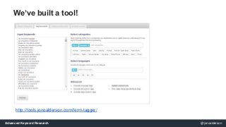 We’ve built a tool! 
http://tools.jonoalderson.com/term-tagger/ 
Advanced Keyword Research @jonoalderson 
 