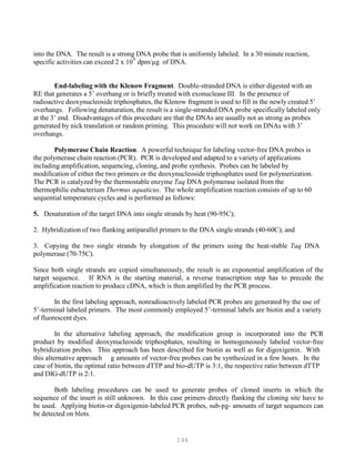 146
P
P
into the DNA. The result is a strong DNA probe that is uniformly labeled. In a 30 minute reaction,
specific activities can exceed 2 x 109
dpm/µg of DNA.
End-labeling with the Klenow Fragment. Double-stranded DNA is either digested with an
RE that generates a 5’ overhang or is briefly treated with exonuclease III. In the presence of
radioactive deoxynucleoside triphosphates, the Klenow fragment is used to fill in the newly created 5’
overhangs. Following denaturation, the result is a single-stranded DNA probe specifically labeled only
at the 3’ end. Disadvantages of this procedure are that the DNAs are usually not as strong as probes
generated by nick translation or random priming. This procedure will not work on DNAs with 3’
overhangs.
Polymerase Chain Reaction. A powerful technique for labeling vector-free DNA probes is
the polymerase chain reaction (PCR). PCR is developed and adapted to a variety of applications
including amplification, sequencing, cloning, and probe synthesis. Probes can be labeled by
modification of either the two primers or the deoxynucleoside triphosphates used for polymerization.
The PCR is catalyzed by the thermostable enzyme Taq DNA polymerase isolated from the
thermophilic eubacterium Thermus aquaticus. The whole amplification reaction consists of up to 60
sequential temperature cycles and is performed as follows:
5. Denaturation of the target DNA into single strands by heat (90-95C);
2. Hybridization of two flanking antiparallel primers to the DNA single strands (40-60C); and
3. Copying the two single strands by elongation of the primers using the heat-stable Taq DNA
polymerase (70-75C).
Since both single strands are copied simultaneously, the result is an exponential amplification of the
target sequence. If RNA is the starting material, a reverse transcription step has to precede the
amplification reaction to produce cDNA, which is then amplified by the PCR process.
In the first labeling approach, nonradioactively labeled PCR probes are generated by the use of
5’-terminal labeled primers. The most commonly employed 5’-terminal labels are biotin and a variety
of fluorescent dyes.
In the alternative labeling approach, the modification group is incorporated into the PCR
product by modified deoxynucleoside triphosphates, resulting in homogeneously labeled vector-free
hybridization probes. This approach has been described for biotin as well as for digoxigenin. With
this alternative approach g amounts of vector-free probes can be synthesized in a few hours. In the
case of biotin, the optimal ratio between dTTP and bio-dUTP is 3:1, the respective ratio between dTTP
and DIG-dUTP is 2:1.
Both labeling procedures can be used to generate probes of cloned inserts in which the
sequence of the insert is still unknown. In this case primers directly flanking the cloning site have to
be used. Applying biotin-or digoxigenin-labeled PCR probes, sub-pg- amounts of target sequences can
be detected on blots.
 