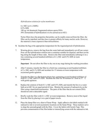158
Hybridization solution for nylon membranes
6 x SSC (or 6 x SSPE)
0.5% SDS
100 µg /ml denatured, fragmented salmon sperm DNA
50% formamide (if hybridization is to be carried out at 42C)
Nylon filters have the properties that probes can be readily removed from the filter, the
filter can be reprobed, and they have a greater affinity for many nucleic acids. However,
the material is more expensive than nitrocellulose.
5. Incubate the bag at the appropriate temperature for the required period of hybridization.
7. Wearing gloves, remove the bag from the water bath and immediately cut off one corner.
Pour out the hybridization solution into a container suitable for disposal, and then cut the
bag along the length of three sides. Remove the filter and immediately submerge it in a
tray containing several hundred milliliters of 2 x SSC and 0.5% SDS at room
temperature.
Important: Do not allow the filter to dry out at any stage during the washing procedure.
8. After 5 minutes, transfer the filter to a fresh tray containing several hundred milliliters
of 2 x SSC and 0.1% SDS and incubate for 15 minutes at room temperature with
occasional gentle agitation.
9. Transfer the filter to a flat-bottom plastic box containing several hundred milliliters of
fresh 0.1 x SSC and 0.5% SDS. Incubate the filter for 30 minutes to 1 hour at 37 C
with gentle agitation.
10. Replace the solution of fresh 0.1 x SSC and 0.5% SDS, and transfer the box to a water
bath set at 68C for an equal period of time. Monitor the amount of radioactivity on the
filter using a hand-held minimonitor. The parts of the filter that do not contain DNA
should not emit a detectable signal.
11. Briefly wash the filter with 0.1 x SSC at room temperature. Remove most of the liquid
from the filter by placing it on a pad of paper towels.
12. Place the damp filter on a sheet of Saran Wrap. Apply adhesive dot labels marked with
radioactive ink to several asymmetric locations on the Saran Wrap. These markers serve
to align the autoradiograph with the filter. Cover the labels with Scotch Tape. This
prevents contamination of the film holder or intensifying screen with the radioactive ink.
 