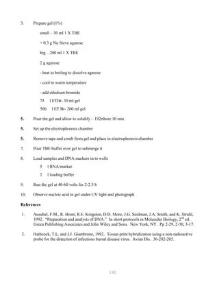 192
3. Prepare gel (1%)
small – 30 ml 1 X TBE
+ 0.3 g Nu Sieve agarose
big – 200 ml 1 X TBE
2 g agarose
- heat to boiling to dissolve agarose
- cool to warm temperature
- add ethidium bromide
75 l ETBr- 30 ml gel
500 l ET Br- 200 ml gel
5. Pour the gel and allow to solidify – 192rthore 10 min
5. Set up the electrophoresis chamber
5. Remove tape and comb from gel and place in electrophoresis chamber
7. Pour TBE buffer over gel to submerge it
8. Load samples and DNA markers in to wells
5 l RNA/marker
2 l loading buffer
9. Run the gel at 40-60 volts for 2-2.5 h
10. Observe nucleic acid in gel under UV light and photograph
References
1. Ausubel, F.M., R. Brent, R.E. Kingston, D.D. More, J.G. Seidman, J.A. Smith, and K. Struhl,
1992. “Preparation and analysis of DNA.” In short protocols in Molecular Biology, 2nd
ed.
Green Publishing Associates and John Wiley and Sons. New York, NY. Pp 2-29, 2-30, 3-17.
2. Hathcock, T.L. and J.J. Giambrone, 1992. Tissue-print hybridization using a non-radioactive
probe for the detection of infectious bursal disease virus. Avian Dis. 36-202-205.
 