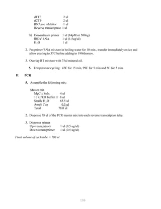 199
dTTP 2 ul
dCTP 2 ul
RNAase inhibitor 1 ul
Reverse transcriptase 1 ul
b) Downstream primer 1 ul (84pM or 500ng)
IBDV RNA 1 ul (1.5ug/ul)
HB
2BO 1 ul
2. Put primer/RNA mixture in boiling water for 10 min., transfer immediately on ice and
allow cooling to 37C before adding to 199rthoreov.
3. Overlay RT mixture with 75ul mineral oil.
5. Temperature cycling: 42C for 15 min, 99C for 5 min and 5C for 5 min.
II. PCR
5. Assemble the following mix:
Master mix
MgClB
2B Soln. 4 ul
10 x PCR buffer II 8 ul
Sterile HB
2BO 65.5 ul
Ampli Taq 0.5 ul
Total 78.0 ul
2. Dispense 78 ul of the PCR master mix into each reverse transcription tube.
3. Dispense primer
Upstream primer 1 ul (0.5 ug/ul)
Downstream primer 1 ul (0.5 ug/ul)
Final volume of each tube = 100 ul
 
