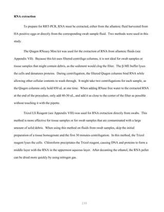 230
RNA extraction
To prepare for RRT-PCR, RNA must be extracted, either from the allantoic fluid harvested from
HA positive eggs or directly from the corresponding swab sample fluid. Two methods were used in this
study.
The Qiagen RNeasy Mini kit was used for the extraction of RNA from allantoic fluids (see
Appendix VII). Because this kit uses filtered centrifuge columns, it is not ideal for swab samples or
tissue samples that might contain debris, as the sediment would clog the filter. The β-ME buffer lyses
the cells and denatures proteins. During centrifugation, the filtered Qiagen columns bind RNA while
allowing other cellular contents to wash through. It might take two centrifugations for each sample, as
the Qiagen columns only hold 850 uL at one time. When adding RNase free water to the extracted RNA
at the end of the procedure, only add 40-30 uL, and add it as close to the center of the filter as possible
without touching it with the pipette.
Trizol LS Reagent (see Appendix VIII) was used for RNA extraction directly from swabs. This
method is more effective for tissue samples or for swab samples that are contaminated with a large
amount of solid debris. When using this method on fluids from swab samples, skip the initial
preparation of a tissue homogenate and the first 30 minutes centrifugation. In this method, the Trizol
reagent lyses the cells. Chloroform precipitates the Trizol reagent, causing DNA and proteins to form a
middle layer with the RNA in the uppermost aqueous layer. After decanting the ethanol, the RNA pellet
can be dried more quickly by using nitrogen gas.
 