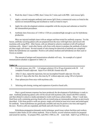 359
6. Wash the sheet 3 times in PBS, then 2 times for 5 mins each with PBS. (anti-mouse IgG).
7. Apply a second conjugate antibody (anti-mouse IgG) from a commercial source as listed in the
section on immunoblotting and incubated as wash as listed in step 6.
8. Apply the color development solution compatible with the enzyme and substrate as listed for
the immunoblott procedures.
9. Antibody titers from mice of 1/160 to 1/320 are considered high enough to use for hybridoma
production.
Mice are injected multiple times with an antigen and then tested for antibody response. For the
fusion, antibody-secreting spleen cells are prepared from the mice with high titers and mixed with
myeloma cells using PEG. After fusion, cells are diluted in selective medium to kill off nonfused
myeloma cells. About 1 week after fusion, cells from wells shown to produce the antibody of choice
are then single cell cloned. Several rounds of sub-cloning for detection of antibody are completed
before the hybridomas are expanded. Positive cell culture medium and hybridomas are then used or
frozen as needed.
The amount of antigen and immunization schedule will vary. An example of a typical
immunization schedule is apparent in Table 1.4.
Table 1.4
1. For each mouse, mix 250 l of antigen solution (10 to 50 ug of protein) with 20 l of
complete Freund's adjuvant. Inject 4 to 6 BALB/c female mice IP.
2. After 21 days, repeat the injections, but use incomplete Freund's adjuvant. Give the
third at 21 days after the first, this time by IV without adjuvant, using 100 ul of protein
4. Fuse splenocytes from mice with myeloma cells.
5. Selecting sub-cloning, testing and expansion of positive fused cells.
Once a good immune response has been produced, the development of hybridomas is ready to
start. Antibody producing spleen cells will be mixed with myeloma cells, fused with PEG solution,
and then diluted in selective media and plated in multi-well tissue culture dishes. About 1 week later,
fluid from wells containing growing fused cells are tested using an immunodot procedure as previously
described. Cells from positive wells are grown; single-cell cloned at least twice more and tested again
for antibody. Some hybridomas are genetically unstable and may be positive one time and negative
the next. Positive cells are expanded, and fluids and cells frozen for later use.
Hybridoma propagation demands sterile technique, good tissue culture facilities and workers
trained in other forms of cell culture methods. Prior to fusion, several solutions need to be prepared
and tested for sterility. To prepare PEG, melt PEG 1500 in a 50 water bath. Add 0.5 gr of PEG to a
 
