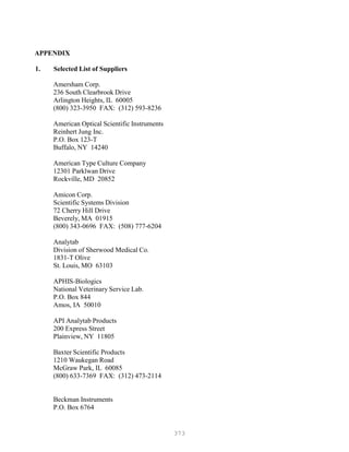 373
APPENDIX
1. Selected List of Suppliers
Amersham Corp.
236 South Clearbrook Drive
Arlington Heights, IL 60005
(800) 323-3950 FAX: (312) 593-8236
American Optical Scientific Instruments
Reinhert Jung Inc.
P.O. Box 123-T
Buffalo, NY 14240
American Type Culture Company
12301 Parklwan Drive
Rockville, MD 20852
Amicon Corp.
Scientific Systems Division
72 Cherry Hill Drive
Beverely, MA 01915
(800) 343-0696 FAX: (508) 777-6204
Analytab
Division of Sherwood Medical Co.
1831-T Olive
St. Louis, MO 63103
APHIS-Biologics
National Veterinary Service Lab.
P.O. Box 844
Amos, IA 50010
API Analytab Products
200 Express Street
Plainview, NY 11805
Baxter Scientific Products
1210 Waukegan Road
McGraw Park, IL 60085
(800) 633-7369 FAX: (312) 473-2114
Beckman Instruments
P.O. Box 6764
 