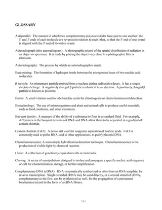 386
GLOSSARY
Antiparallel: The manner in which two complementary polynucleotides base-pair to one another; the
5' and 3' ends of each molecule are reversed in relation to each other, so that the 5' end of one strand
is aligned with the 3' end of the other strand.
Autoradiograph (also autoradiogram): A photographic record of the spatial distribution of radiation in
an object or specimen. It is made by placing the object very close to a photographic film or
emulsion.
Autoradiography: The process by which an autoradiograph is made.
Base-pairing: The formation of hydrogen bonds between the nitrogenous bases of two nucleic acid
molecules.
β particle: An elementary particle emitted from a nucleus during radioactive decay. It has a single
electrical charge. A negatively charged β particle is identical to an electron. A positively charged β
particle is known as positron.
Biotin: A small vitamin used to label nucleic acids for chromogenic or chemi-luminescent detection.
Biotechnology: The use of microorganisms and plant and animal cells to produce useful materials,
such as food, medicine, and other chemicals.
Buoyant density: A measure of the ability of a substance to float in a standard fluid. For example,
differences in the buoyant densities of RNA and DNA allow them to be separated in a gradient of
cesium chloride.
Cesium chloride (CsCl): A dense salt used for isopycnic separation of nucleic acids. CsCl is
commonly used to pellet RNA, and in other applications, to purify plasmid DNA.
Chemiluminescence: A nonisotopic hybridization detection technique. Chemiluminescence is the
production of visible light by chemical reaction.
Clone: A collection of genetically equivalent cells or molecules.
Cloning: A series of manipulations designed to isolate and propagate a specific nucleic acid sequence
or cell for characterization, storage, or further amplification.
Complementary DNA (cDNA): DNA enzymatically synthesized in vitro from an RNA template, by
reverse transcription. Single-stranded cDNA may be used directly, or a second strand of cDNA,
complementary to the first, can be synthesized as well, for the propagation of a permanent
biochemical record in the form of a cDNA library.
 